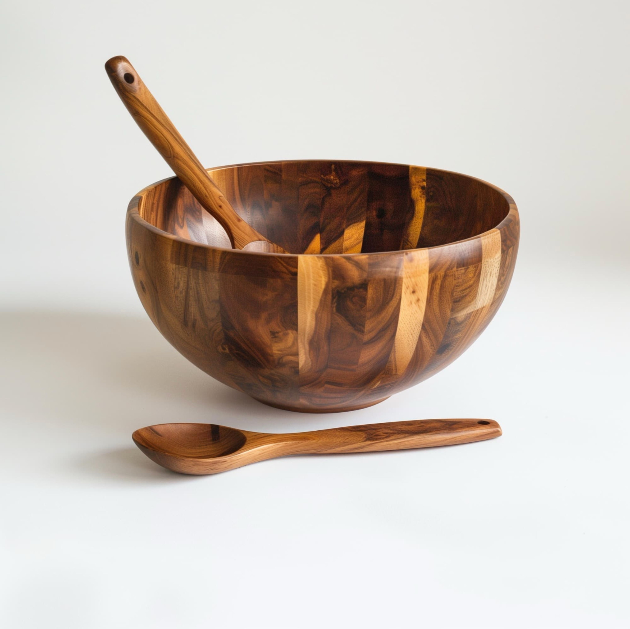 Holz Salatschüssel Set – Große Servierschüssel aus Naturholz mit Löffeln